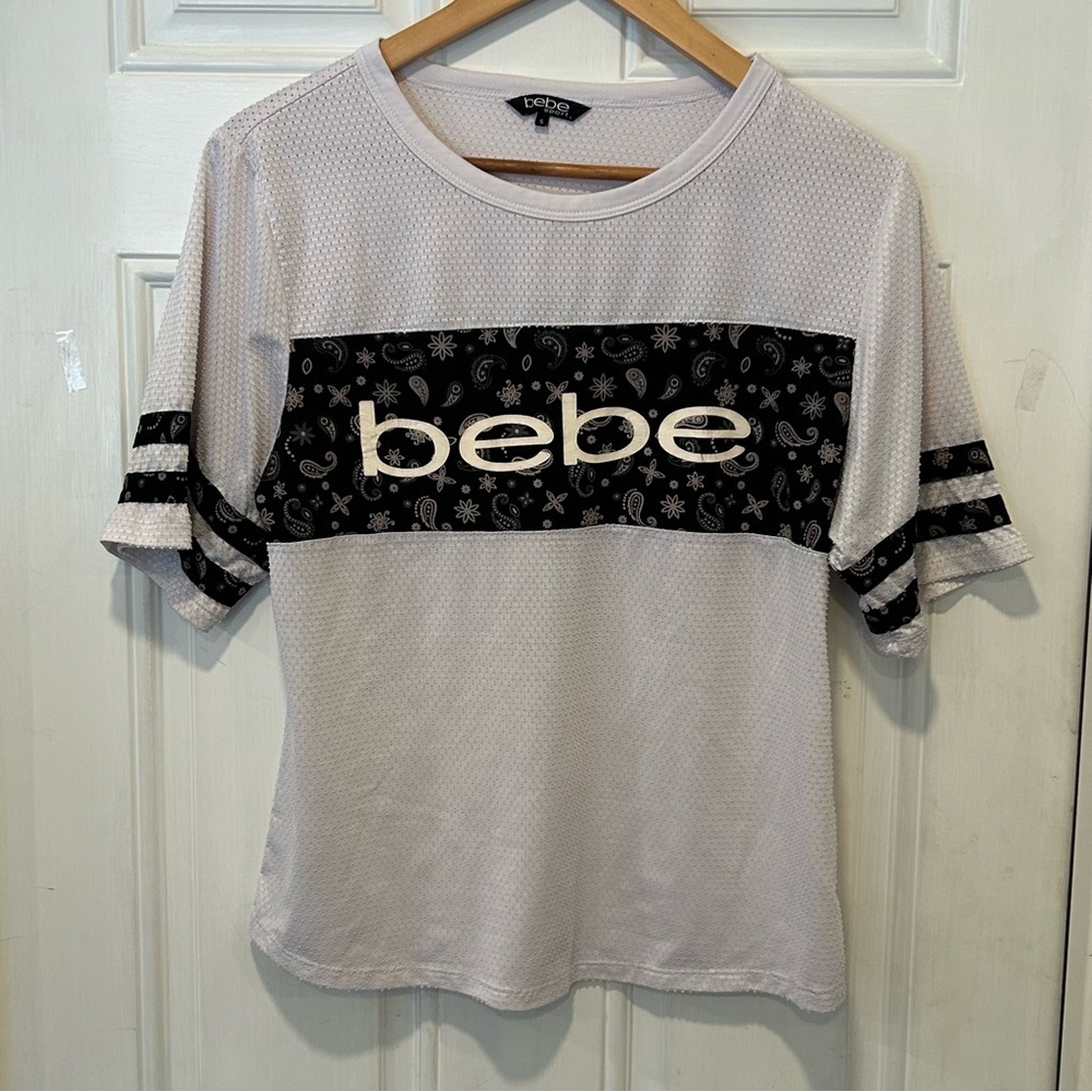 BEBE SPORT Women's White Mesh Top Paisley Short Sleeve Stretch Sz Small